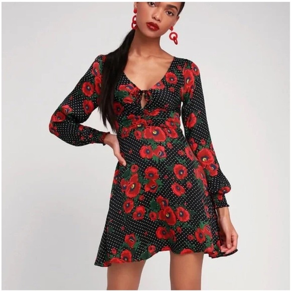 Free People Morning Light poppy spot mini dress Long Sleeve Boho 8 Floral - Picture 1 of 10